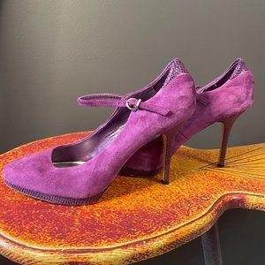 White House Black Market FAB Purple Suede Snake Trim Mary Jane 4" heel Size 9